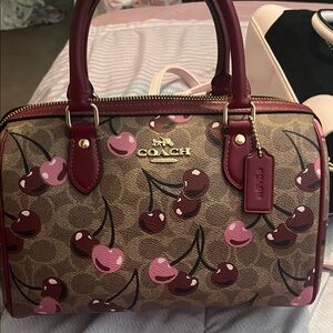 Coach Cherry Print Satchel in Brown and Red
